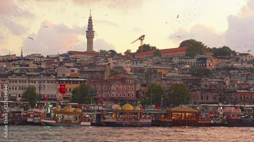 A beautiful picturesque view of Istanbul, Turkey, featuring seagulls flying over the water, ships sailing on the Bosphorus, and a historic mosque with domes and minarets rising against the skyline.