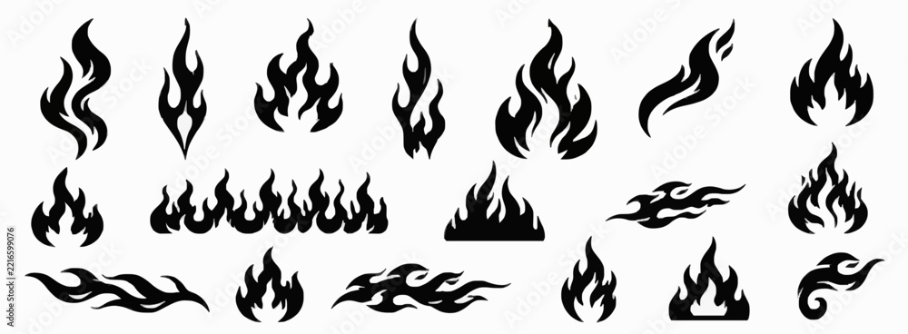 Obraz premium Black fire flames silhouettes and tribal tattoo vector shapes set
