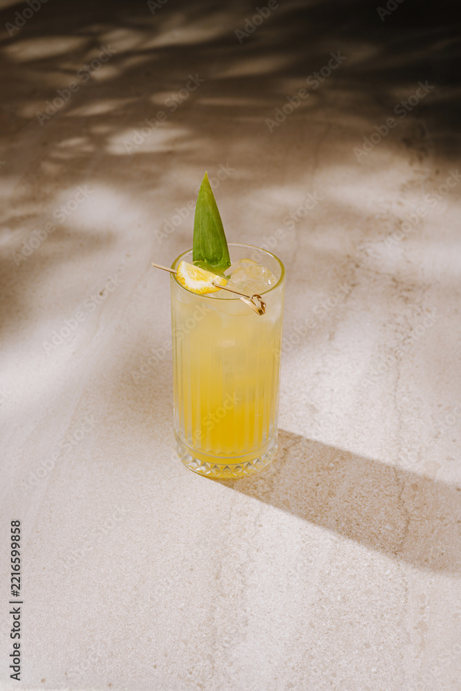 Fototapeta premium Tropical refreshing cocktail with pineapple leaf and lemon