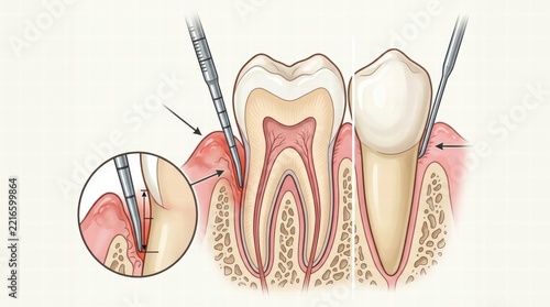 Veterinarian dentist performing periodontal probing on a dog's gum, illustrating the measurement of pocket depth around a canine tooth and diagnosing periodontal disease in animal dental health, AI generated