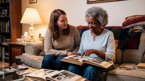 Elderly care family album senior woman memories caregiver companionship home Two women browse printed memories together on a sofa during a warm reminiscence activity for senior care campaigns
