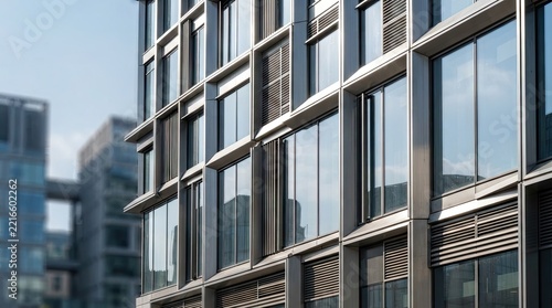 Low angle view of glass office building exterior.
