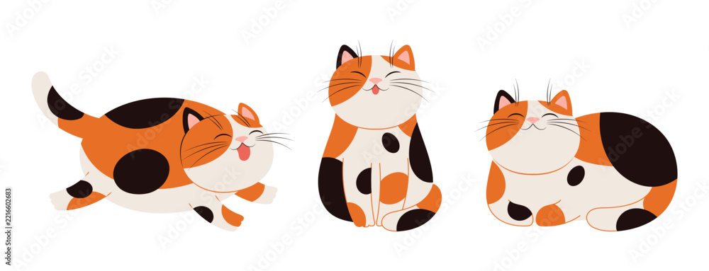 Fototapeta premium Cute calico cat lying down, running, sitting illustration isolated set. Lovely round kitty, kawaii cartoon character. Design element, vector clip art for animal shelter, pet food, branding, business