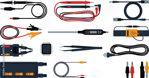 Electronic testing equipment including multimeter probes coaxial cables integrated circuit chip banana plugs tweezers and resistors