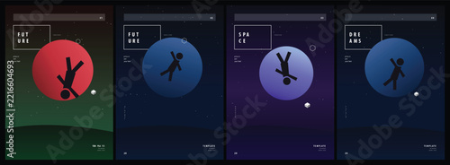 Modern abstract poster design collection featuring minimalist human silhouettes set against vibrant glowing celestial spheres and dark gradients
