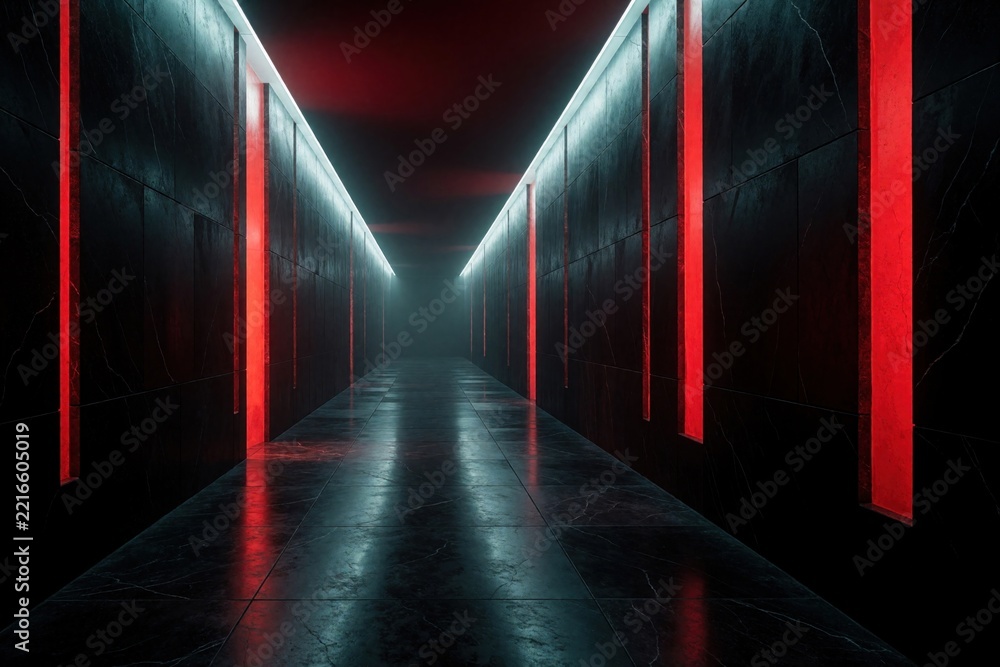 Fototapeta premium Dark long corridor with red neon light strips on black marble walls. Mysterious empty tunnel features dramatic lighting, deep shadows. Modern minimalist interior design creates moody sci-fi