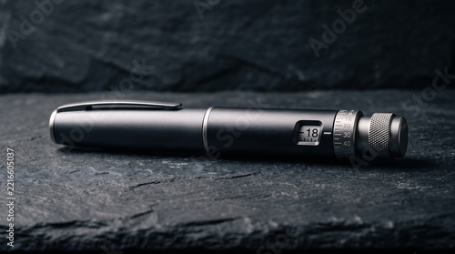 Minimalist matte black metal fountain pen with an integrated dial window rests horizontally on a textured charcoal slate background with soft side lighting.
