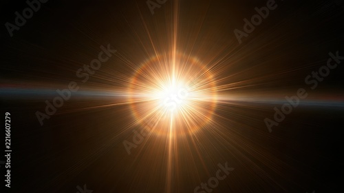 Blinding white starburst with a complex golden spectral prism halo, symmetrical, deep space background