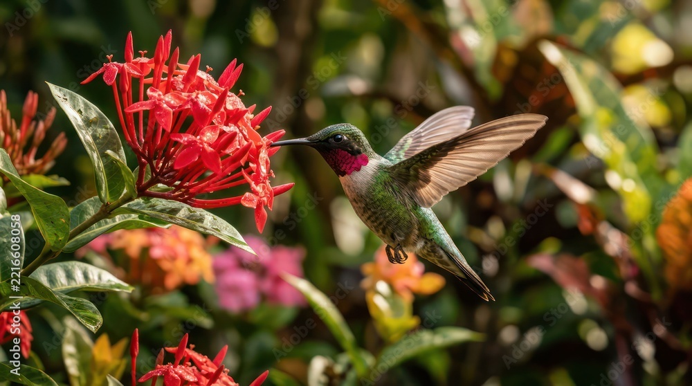 Fototapeta premium Tiny hummingbird hovers near vibrant red ixora flowers in lush garden.