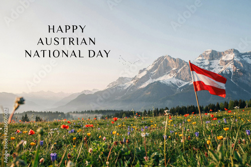 Austrian National Day celebration with national flag in alpine meadow