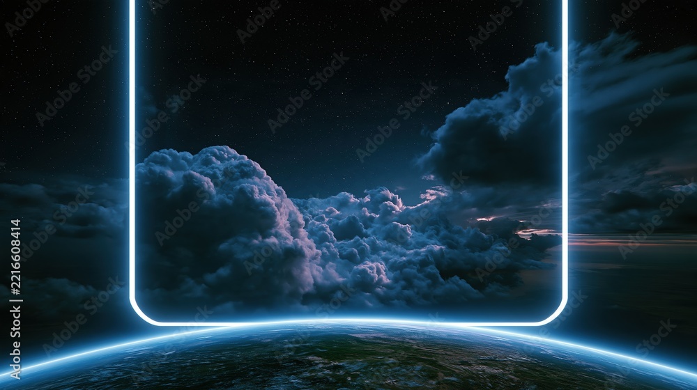 Fototapeta premium Surreal cosmic portal framing dramatic clouds above planet Earth under starry night sky