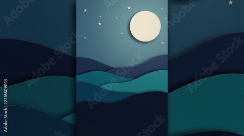 Layered Papercut Mountain Landscape with Full Moon at Night