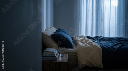 Dimly Lit Bedroom with Bed by Window for Restful Sleep