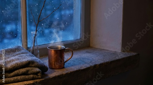 Steaming Copper Mug on Windowsill with Blankets in Winter