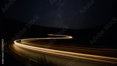 Bright light trails on a dark night road