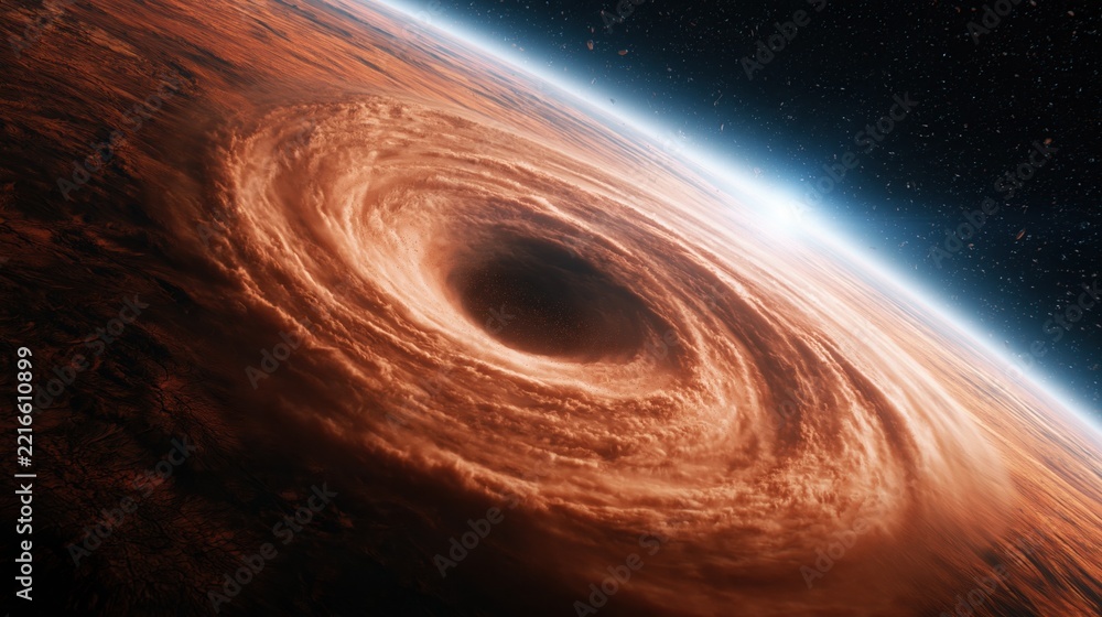 Fototapeta premium Dramatic orange galaxy swirl with bright blue atmospheric horizon against black space