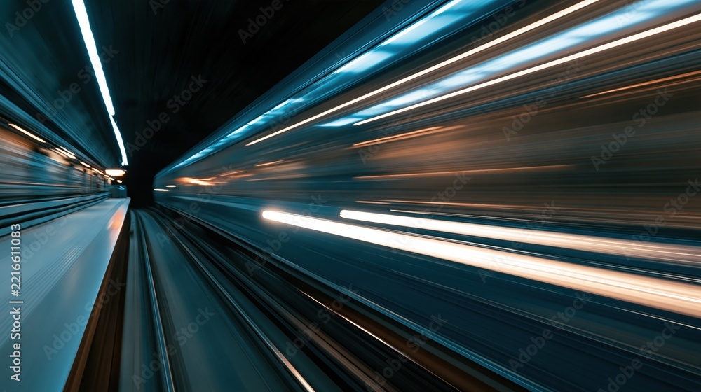 Fototapeta premium Abstract motion blur of a high-speed train traveling through a futuristic tunnel with glowing lights