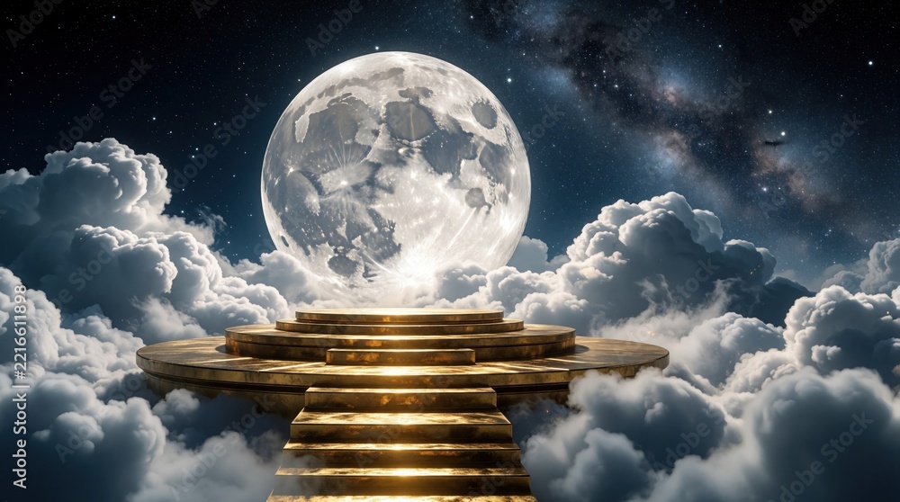 Fototapeta premium Golden tiered platform stands among white clouds under massive full moon. Mystical night sky with stars, milky way background. Fantasy cosmic stage glows in dark space. Ethereal lunar landscape with