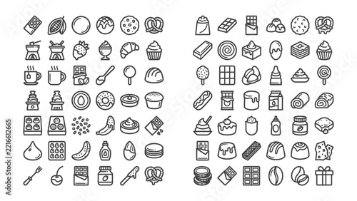 Collection of Delicious Treats: A comprehensive collection of illustrated icons showcasing a variety of sweet treats, including chocolates, pastries, candies, and desserts.