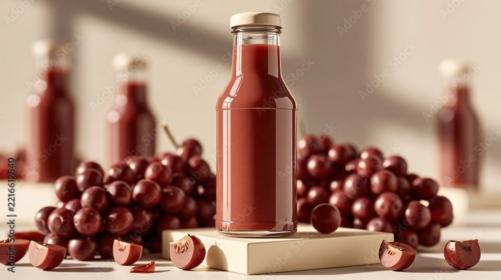 Naklejka premium Freshly Squeezed Red Grape Juice in a Glass Bottle Surrounded by Ripe Grapes