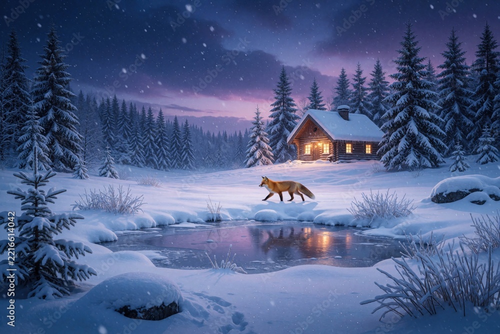 Fototapeta premium Red fox walks through deep snow in winter forest. Small wooden cabin with warm lights stands near frozen pond. Pine trees under purple twilight sky create calm wilderness scene. Beautiful cold