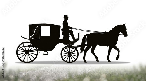 Vintage Horse Drawn Carriage with Coachman Silhouette on Bright White Background
