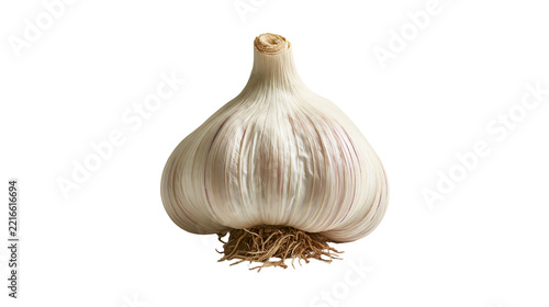 Fresh whole garlic bulb with papery white skin and fibrous roots
