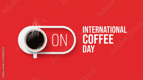 International Coffee Day banner with a creative toggle switch showing a coffee cup turned ON, minimalist red background graphic for morning energy concept