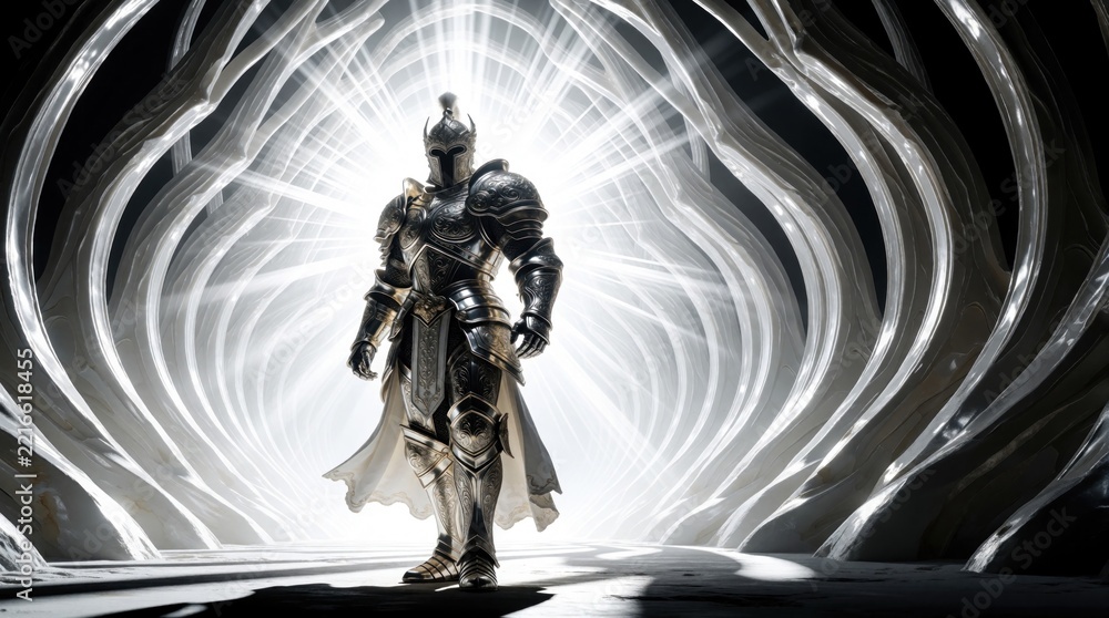 Fototapeta premium Divine warrior in polished silver armor stands in bright light tunnel. Medieval knight with glowing aura wearing heavy metal suit. Fantasy soldier in mystical cave entrance. Heroic character ready