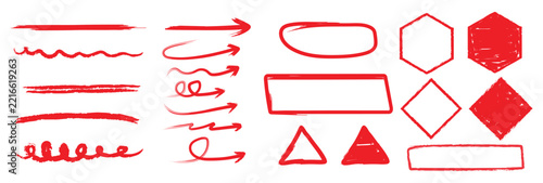 Set of handdrawn red brush strokes, arrows, and geometric shapes