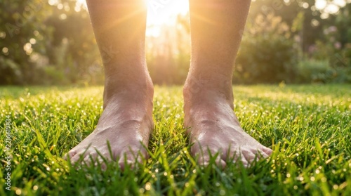 Bare Feet Standing on Lush Green Grass in Morning Sunlight