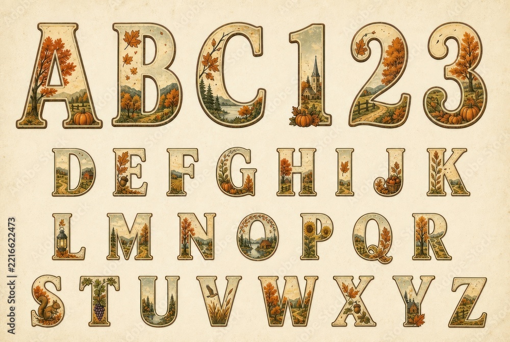 Fototapeta premium Vintage autumn decorative serif alphabet and numbers font sheet