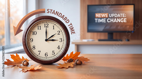 Alarm clock with backward arrow and Standard Time news announcement, illustrating the autumn change from daylight saving and seasonal time adjustment.