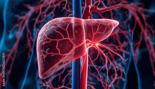 Detailed 3D medical illustration of human liver with blood vessels and veins on a dark blue background