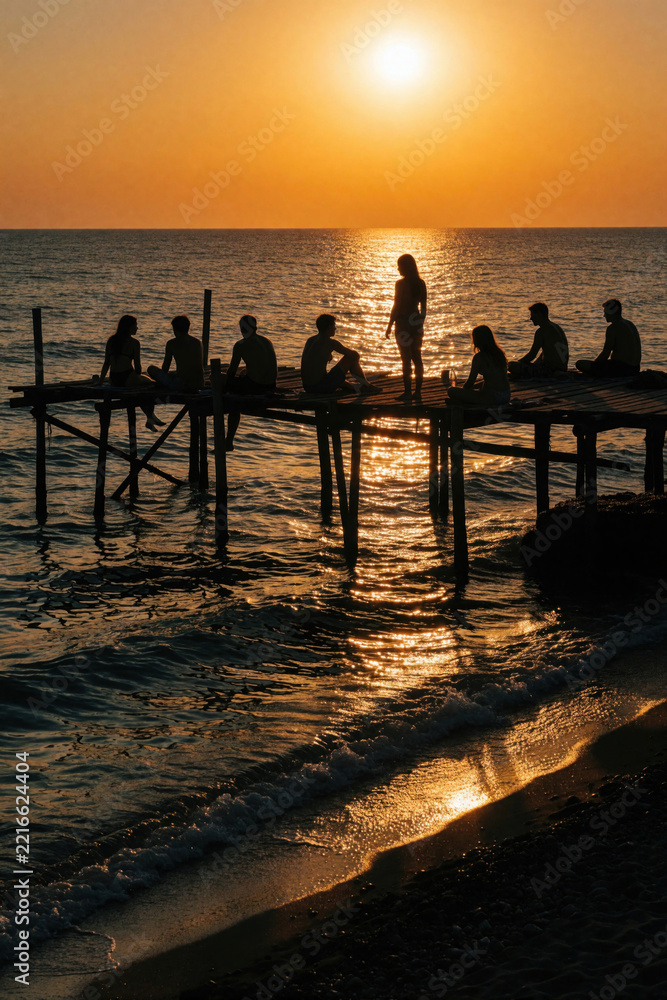 Fototapeta premium Group of friends sit on wooden pier at sunset. Silhouettes of people relax on ocean dock during golden hour. Friends enjoy summer vacation, sea view, calm waves on beach. Peaceful evening lifestyle