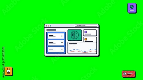 Retro browser dashboard windows and security icons on green screen
