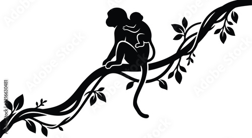 Photography Black silhouette of a mother monkey carrying her baby sitting on a