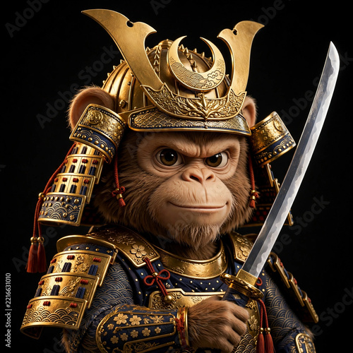 Samurai monkey warrior in golden Japanese armor holding katana sword, epic warrior concept