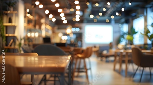 blurred modern co-working event space with movable furniture projector and flexible layout, cool neutral bokeh, defocused flexible venue background