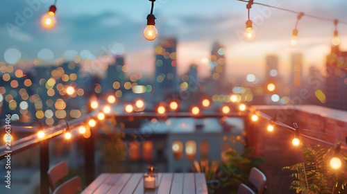 blurred modern co-working rooftop space with outdoor furniture city view and string lights at dusk, warm bokeh, defocused rooftop workspace background