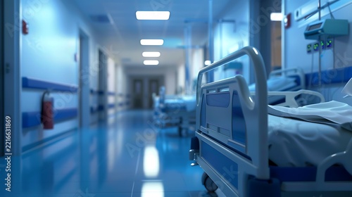 blurred modern hospital recovery ward with beds equipment and soft clinical lighting, cool healthcare bokeh, defocused medical interior background