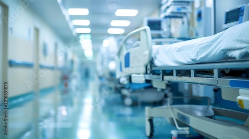 blurred modern hospital recovery ward with beds equipment and soft clinical lighting, cool healthcare bokeh, defocused medical interior background