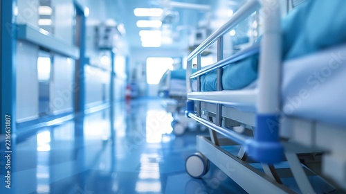 blurred modern hospital recovery ward with beds equipment and soft clinical lighting, cool healthcare bokeh, defocused medical interior background