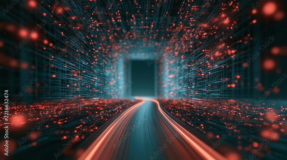 Fototapeta premium Abstract digital tunnel with glowing red particles and blue network lines representing data flow