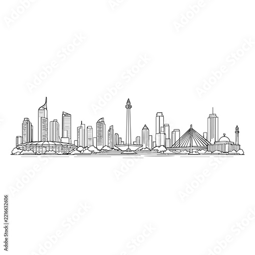 Jakarta Indonesia City Landmark Monoline Art Illustration