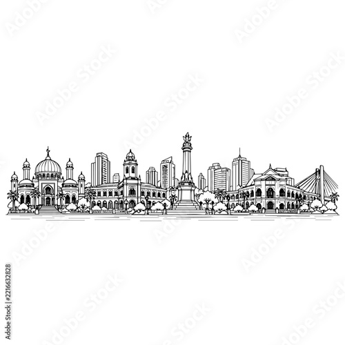 Medan Indonesia City Landmark Monoline Art Illustration