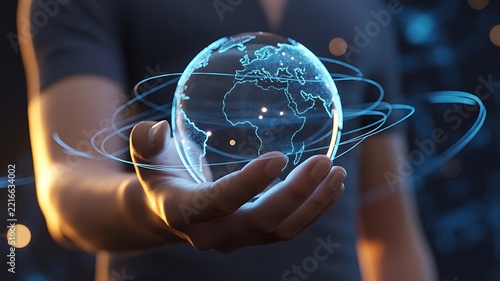 Digital earth globe glowing in human hands