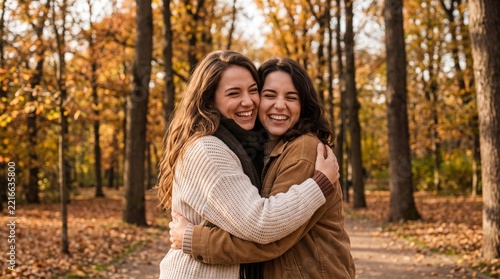 Two smiling women hugging affectionately in a sunlit autumn forest with golden foliage