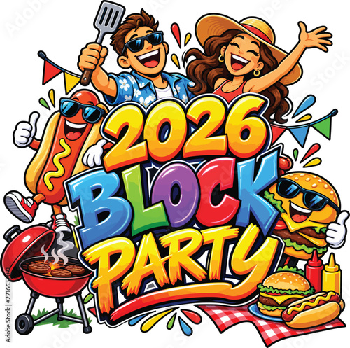 2026 Block Party Illustration with Skateboard Music and Street Characters