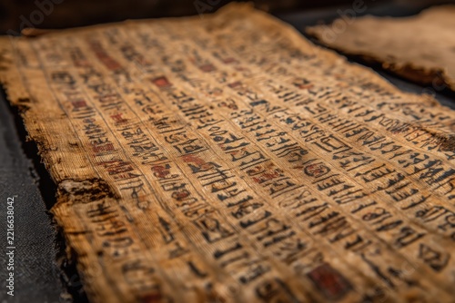 Ancient Egyptian papyrus with hieroglyphs, the texture of the material.